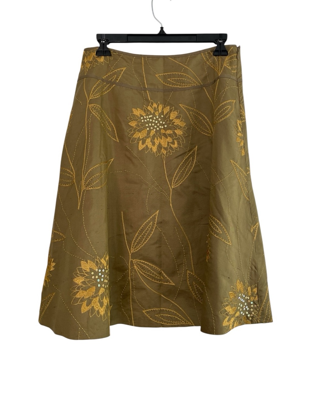 Vintage Raw Silk Embroidered and Sequin Flower A-Line Skirt Size 6